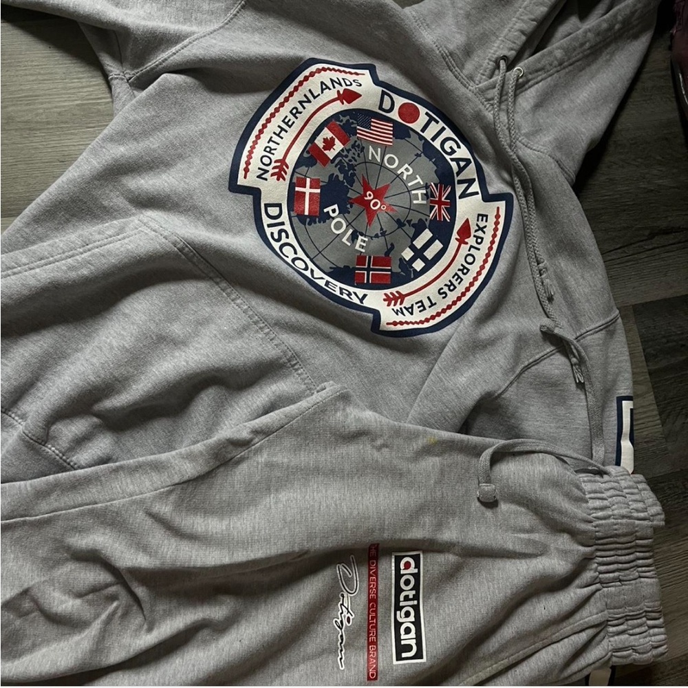 Gray Adidas Hoodie and Sweatpants with Graphic Design
